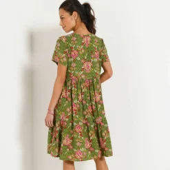 Robe courte col V imprimé fleuri, crépon