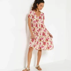 Robe courte col V imprimé fleuri, crépon