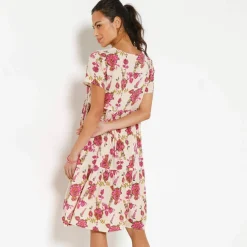 Robe courte col V imprimé fleuri, crépon