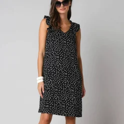 Robe courte col V imprimé pois, à mancherons volantés