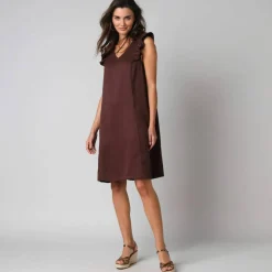 Robe courte col V unie, à mancherons volantés
