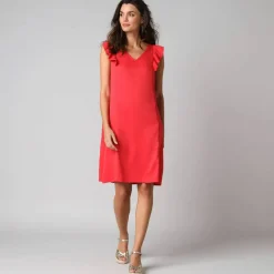 Robe courte col V unie, à mancherons volantés