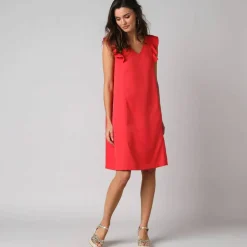 Robe courte col V unie, à mancherons volantés