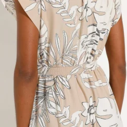 Robe courte macramé, imprimé tropical, taille smockée