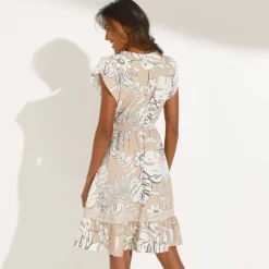 Robe courte macramé, imprimé tropical, taille smockée