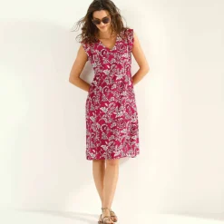 Robe courte manches volantées, crépon imprimé