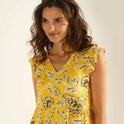 Robe courte manches volantées, crépon imprimé