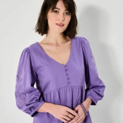 Robe courte évasée, détails broderie anglaise
