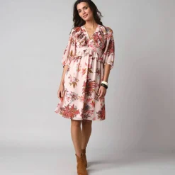 Robe courte volantée à manches 3/4 ballon, voile imprimé fleuri