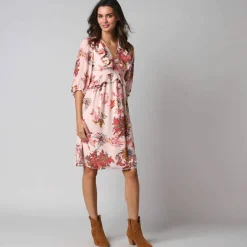 Robe courte volantée à manches 3/4 ballon, voile imprimé fleuri