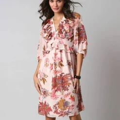 Robe courte volantée à manches 3/4 ballon, voile imprimé fleuri