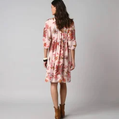 Robe courte volantée à manches 3/4 ballon, voile imprimé fleuri