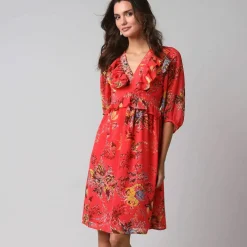 Robe courte volantée à manches 3/4 ballon, voile imprimé fleuri