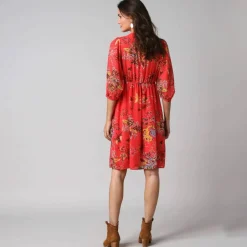 Robe courte volantée à manches 3/4 ballon, voile imprimé fleuri