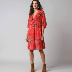 Robe courte volantée à manches 3/4 ballon, voile imprimé fleuri
