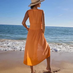 Robe de plage longue, crépon uni