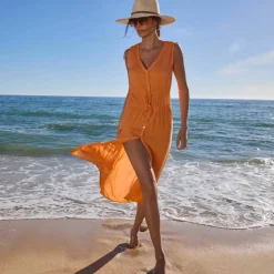 Robe de plage longue, crépon uni