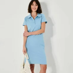 Robe droite col polo unie, maille stretch