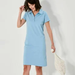 Robe droite col polo unie, maille stretch