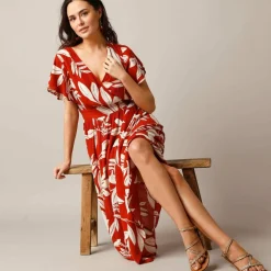 Robe effet cache-coeur, crépon imprimé XXL