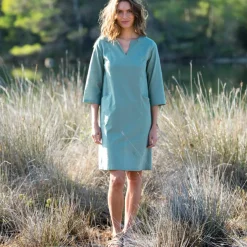 Robe forme housse unie, mélange coton-lin