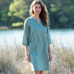 Robe forme housse unie, mélange coton-lin