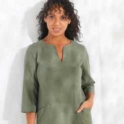 Robe forme housse unie, mélange coton-lin