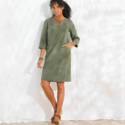 Robe forme housse unie, mélange coton-lin