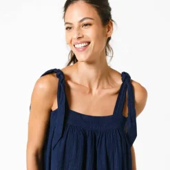 Robe housse à bretelles nouées effet denim, gaze de coton