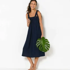 Robe housse à bretelles nouées effet denim, gaze de coton