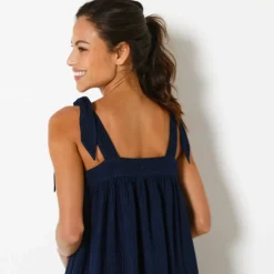 Robe housse à bretelles nouées effet denim, gaze de coton