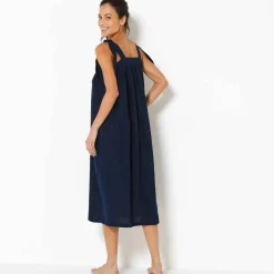 Robe housse à bretelles nouées effet denim, gaze de coton