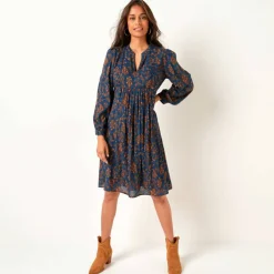 Robe housse col mao, crépon imprimé