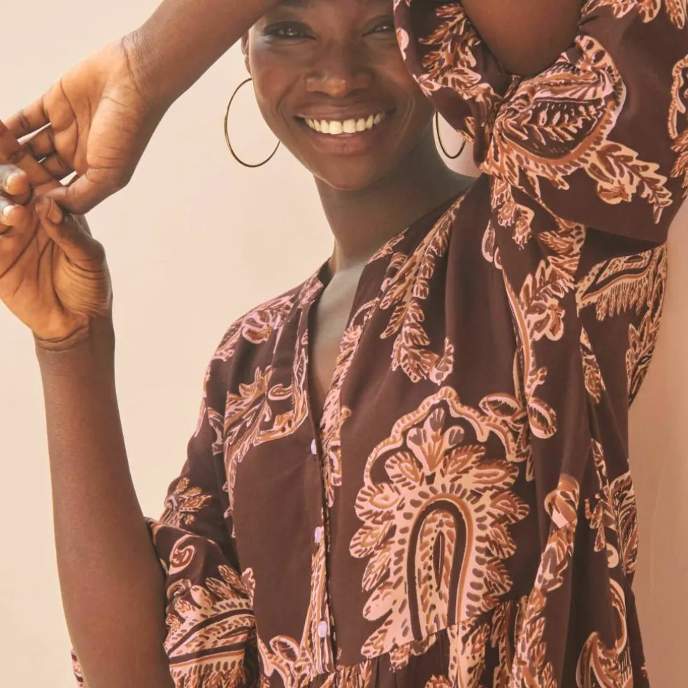Robe imprimée col tunisien, manches boules