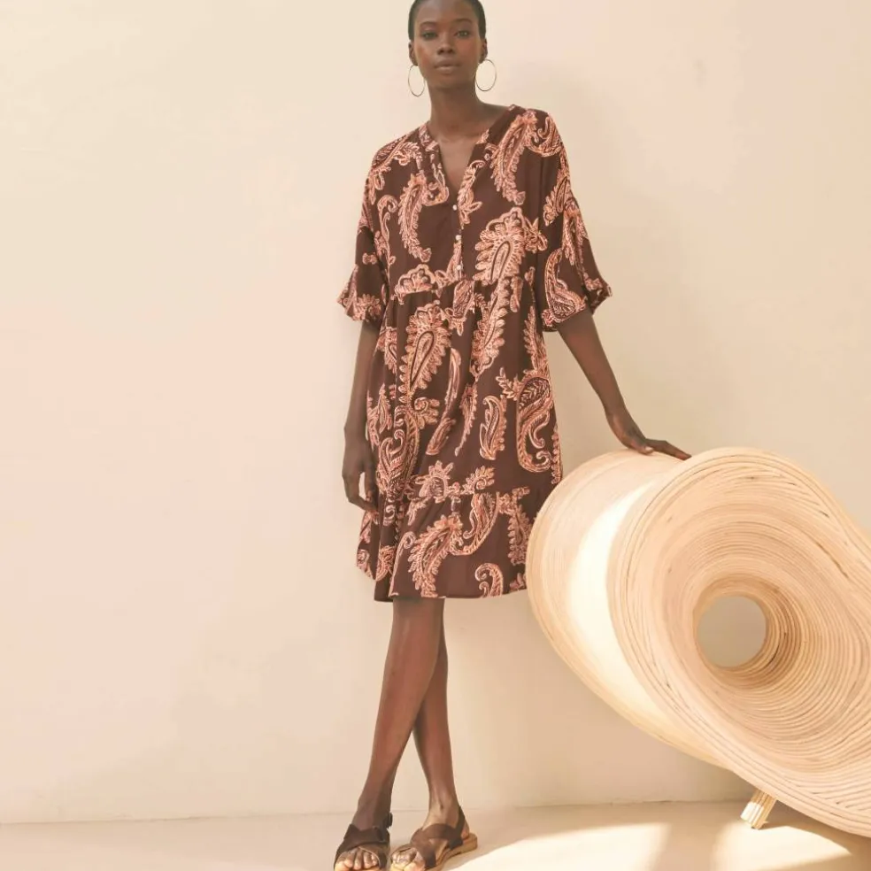 Robe imprimée col tunisien, manches boules