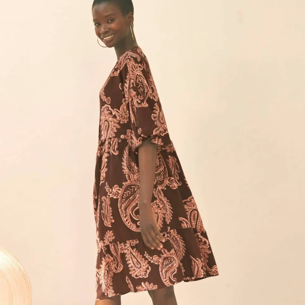 Robe imprimée col tunisien, manches boules