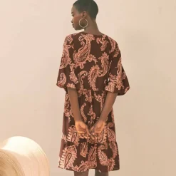 Robe imprimée col tunisien, manches boules