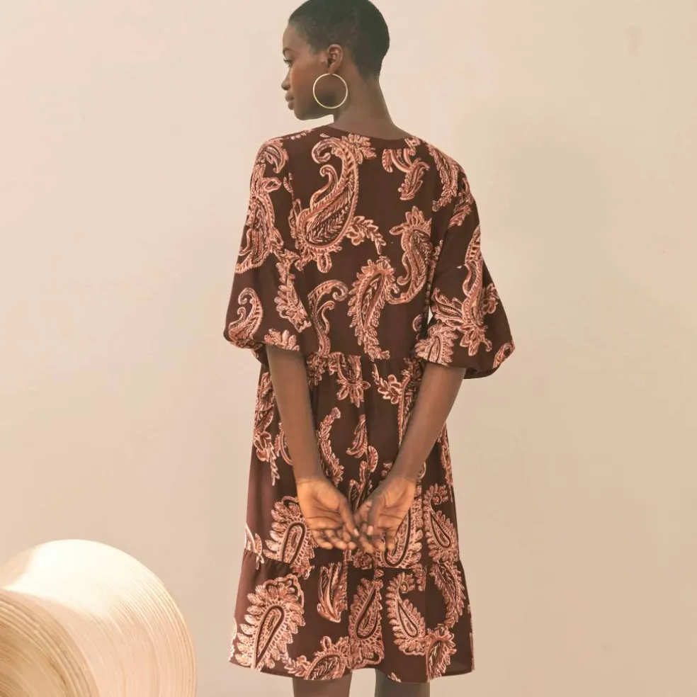 Robe imprimée col tunisien, manches boules
