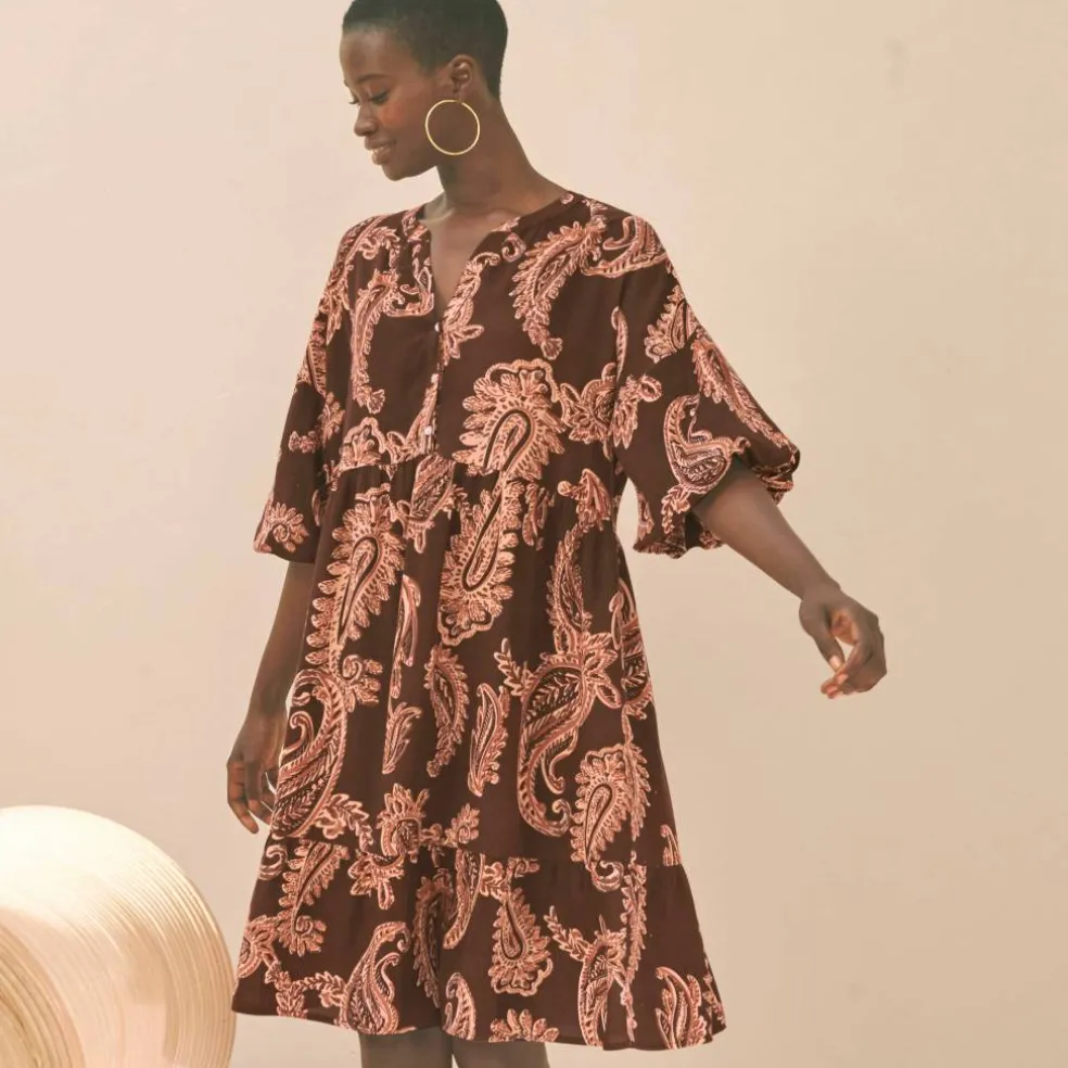 Robe imprimée col tunisien, manches boules