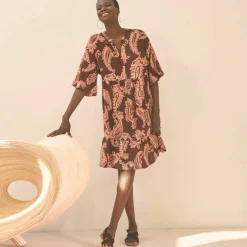Robe imprimée col tunisien, manches boules
