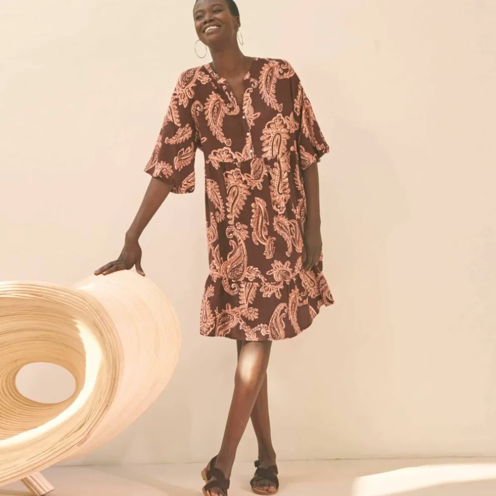 Robe imprimée col tunisien, manches boules