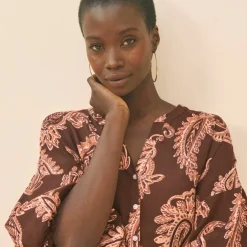 Robe imprimée col tunisien, manches boules