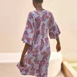Robe imprimée col tunisien, manches boules