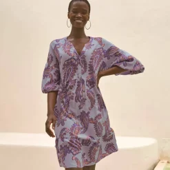 Robe imprimée col tunisien, manches boules
