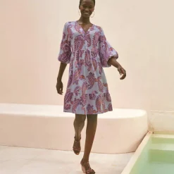 Robe imprimée col tunisien, manches boules
