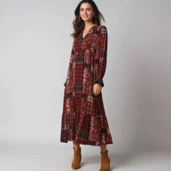 Robe longue bohème imprimé patchwork, en crépon