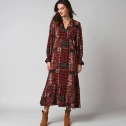 Robe longue bohème imprimé patchwork, en crépon
