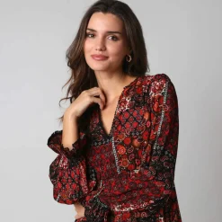 Robe longue bohème imprimé patchwork, en crépon