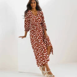 Robe longue boutonnée, crépon, imprimé graphique