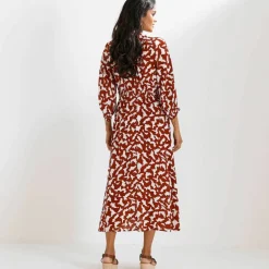 Robe longue boutonnée, crépon, imprimé graphique